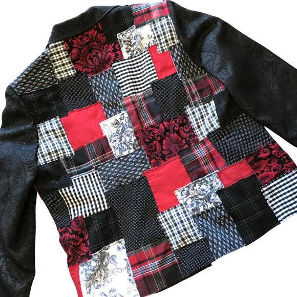 Upcycled Patchwork Jacket, Handcrafted Boho Red Black White Blazer, Size 14P - Picture 4 of 10